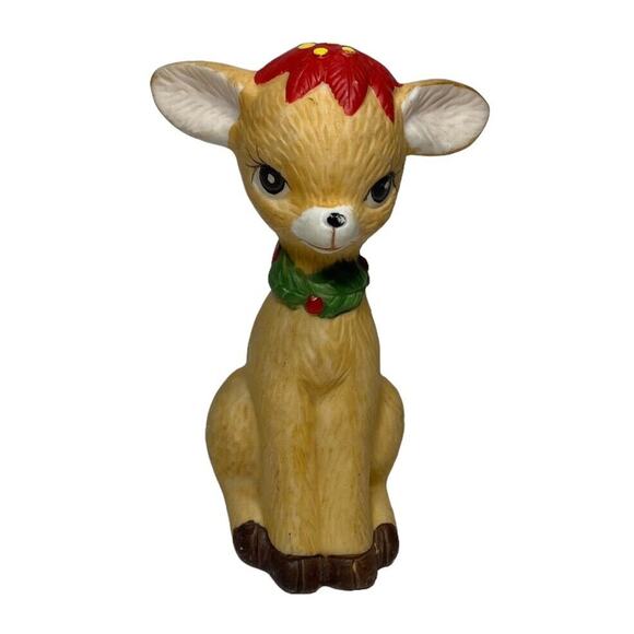 Vintage 1970s Bisque Reindeer figurine 3.5 in Christmas Decor Poinsettia - Picture 2 of 7